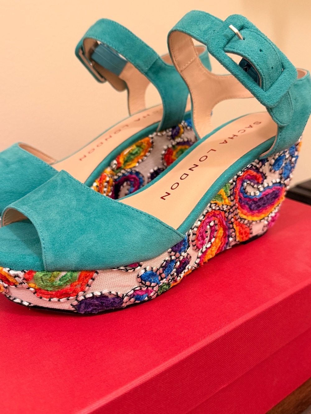 Bright Teal Suede Embroidered Wedge Sandals by